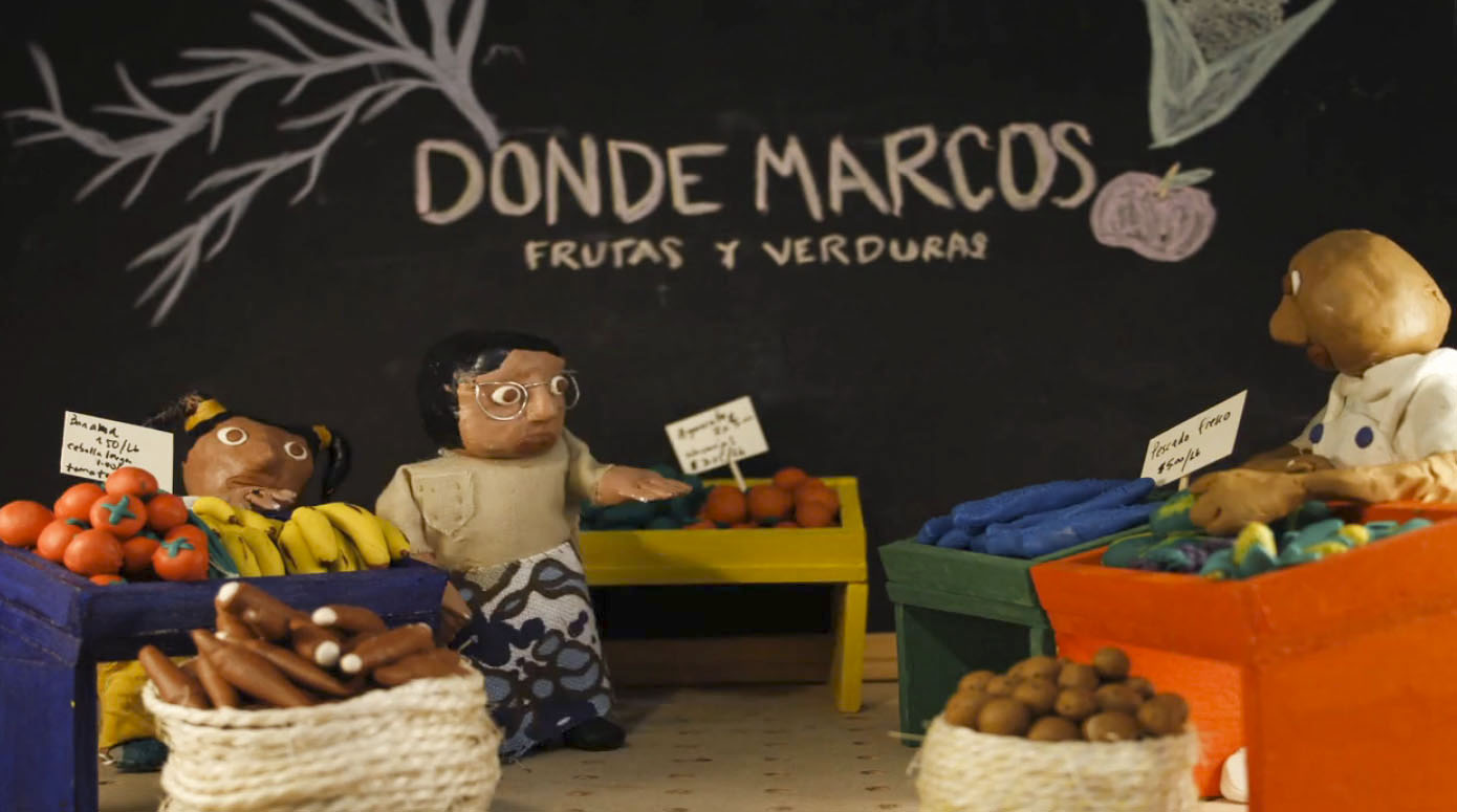 claymation person shopping for fruit and vegetables