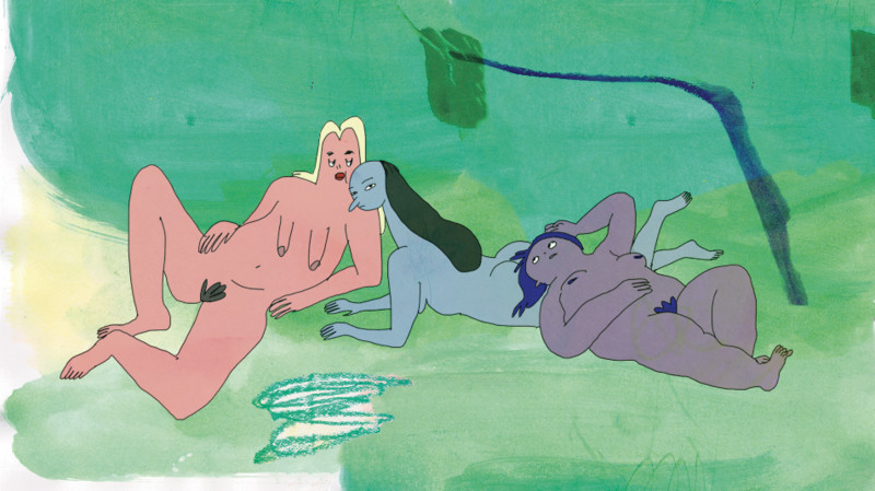 A cartoon illustration depicting three diverse women laying nude under a tree.